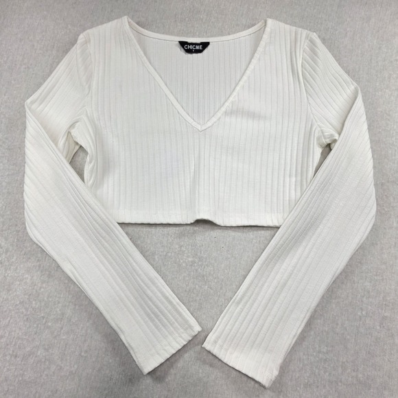 chicme Tops - CHICME White Ribbed V-Neck Long Sleeve Crop Top Size S Coquette Y2K Going Out
